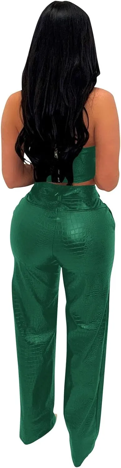 WOKANSE Women's Sexy Chic PU Faux Leather 2 Piece Outfits Tube Crop Tops and Casual Straight Leg Trousers Pants Set