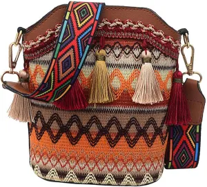 Women Embroidery Shoulder Bag Hippie Crossbody Bags Lightweight Multifunctional Purse Chic Bucket Bag for Weekend Dating Travel Shopping, Coffee