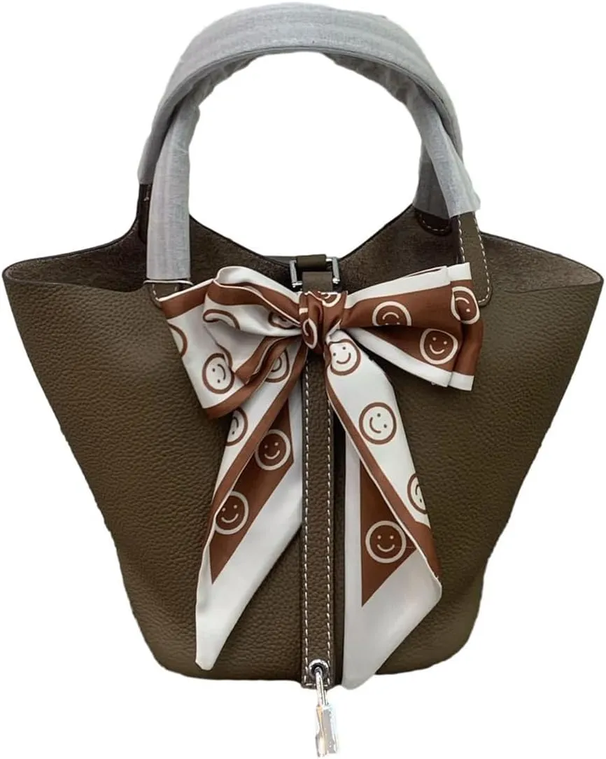Women Genuine Leather Purses and Handbags Soft Bucket Bags Stylish Lock Design Casual Satchel Ladies Daily Shoulder Bags (F)