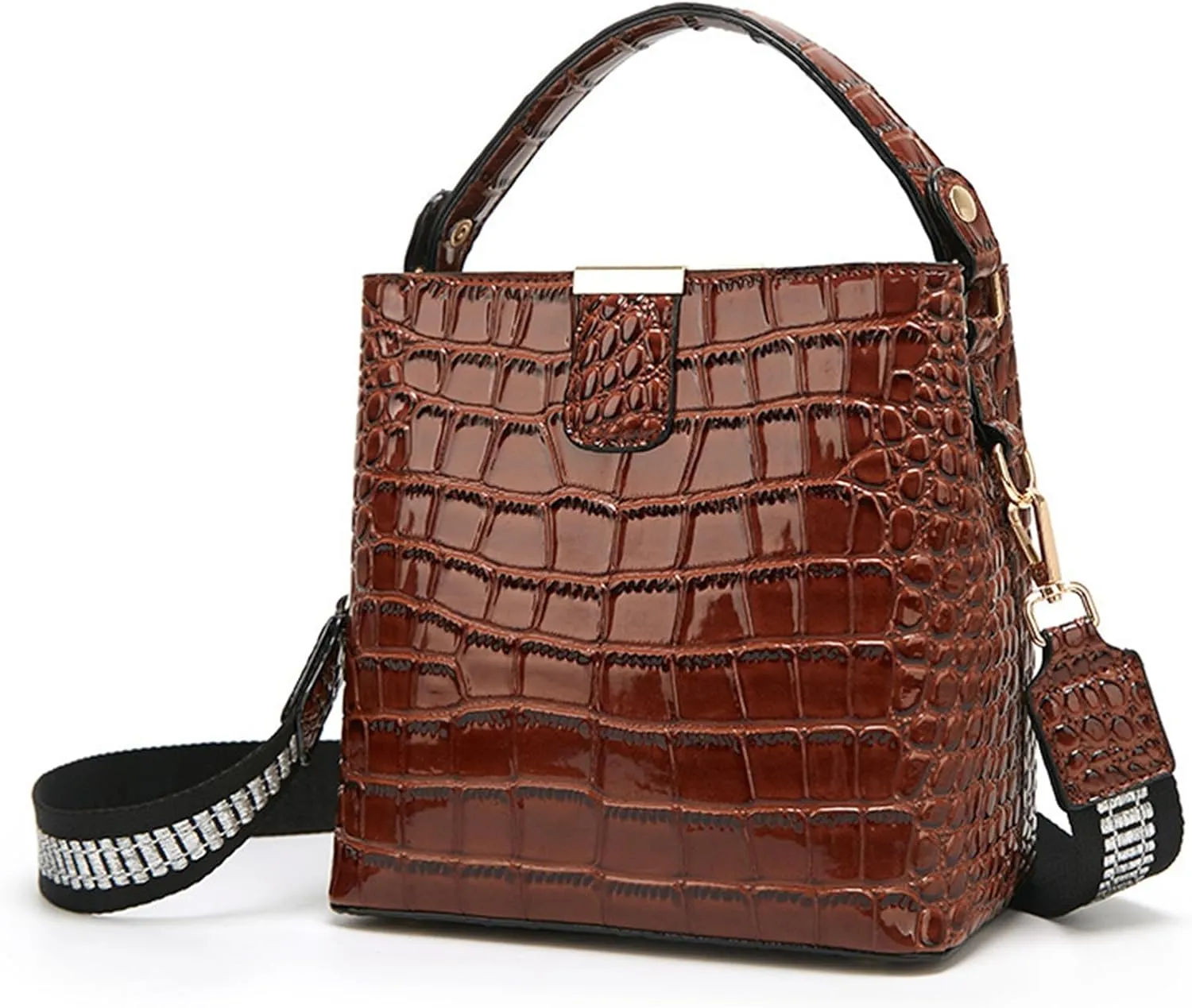 Women Patent Leather Handbag Stylish Crocodile Print Satchel Bucket Bag Ladies Party Evening Crossbody Shoulder Bags