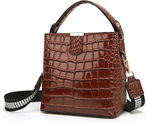 Women Patent Leather Handbag Stylish Crocodile Print Satchel Bucket Bag Ladies Party Evening Crossbody Shoulder Bags