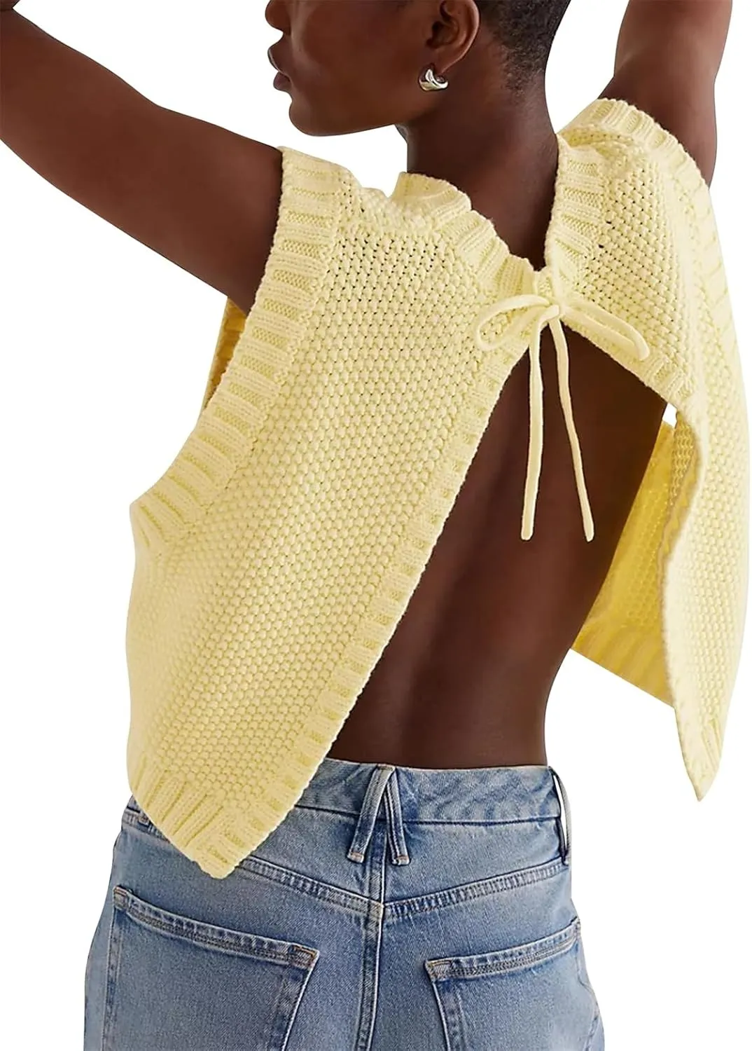 Women Y2K Backless Sweater Vest Tie Up Split Open Back Knit Vest Sleeveless Crewneck Pullover Summer Tank Crop Tops
