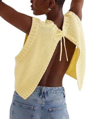 Women Y2K Backless Sweater Vest Tie Up Split Open Back Knit Vest Sleeveless Crewneck Pullover Summer Tank Crop Tops