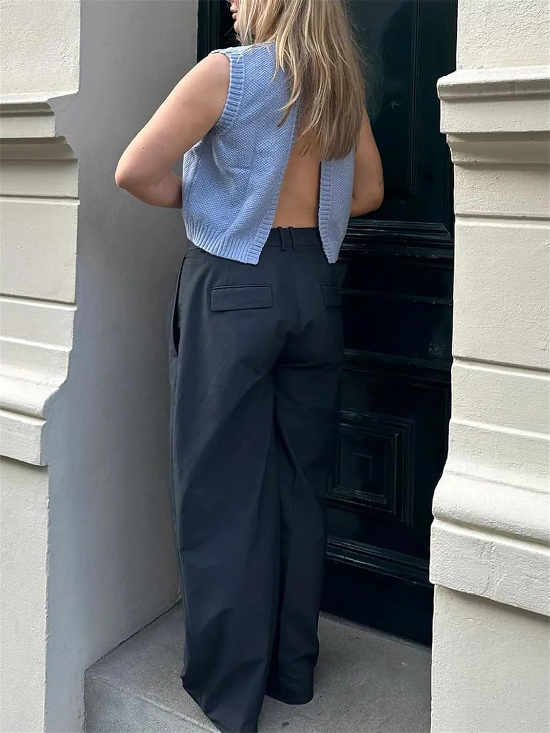 Women Y2K Backless Sweater Vest Tie Up Split Open Back Knit Vest Sleeveless Crewneck Pullover Summer Tank Crop Tops