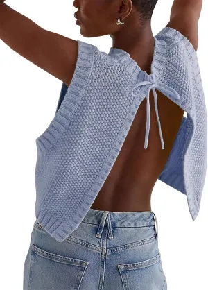Women Y2K Backless Sweater Vest Tie Up Split Open Back Knit Vest Sleeveless Crewneck Pullover Summer Tank Crop Tops