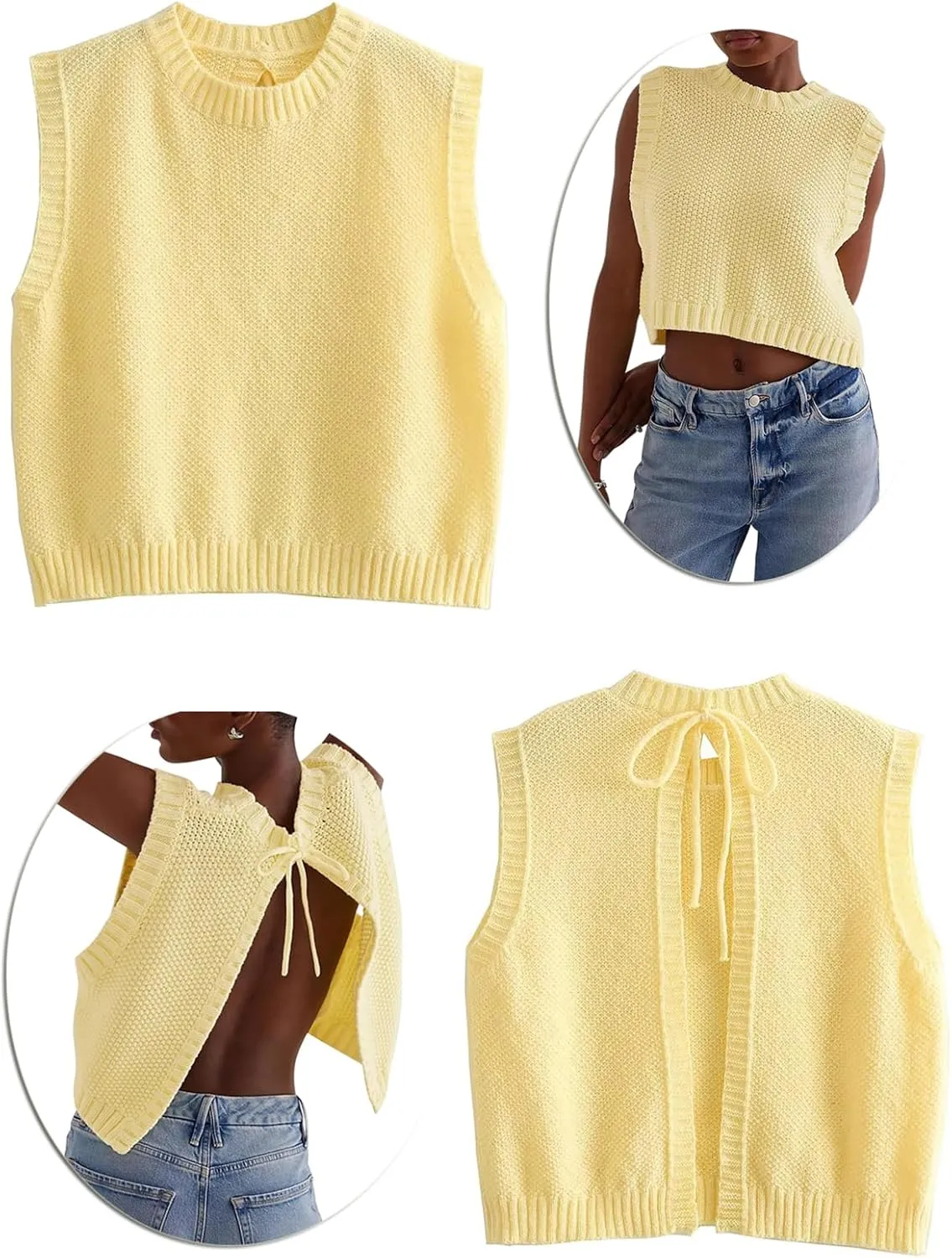 Women Y2K Backless Sweater Vest Tie Up Split Open Back Knit Vest Sleeveless Crewneck Pullover Summer Tank Crop Tops