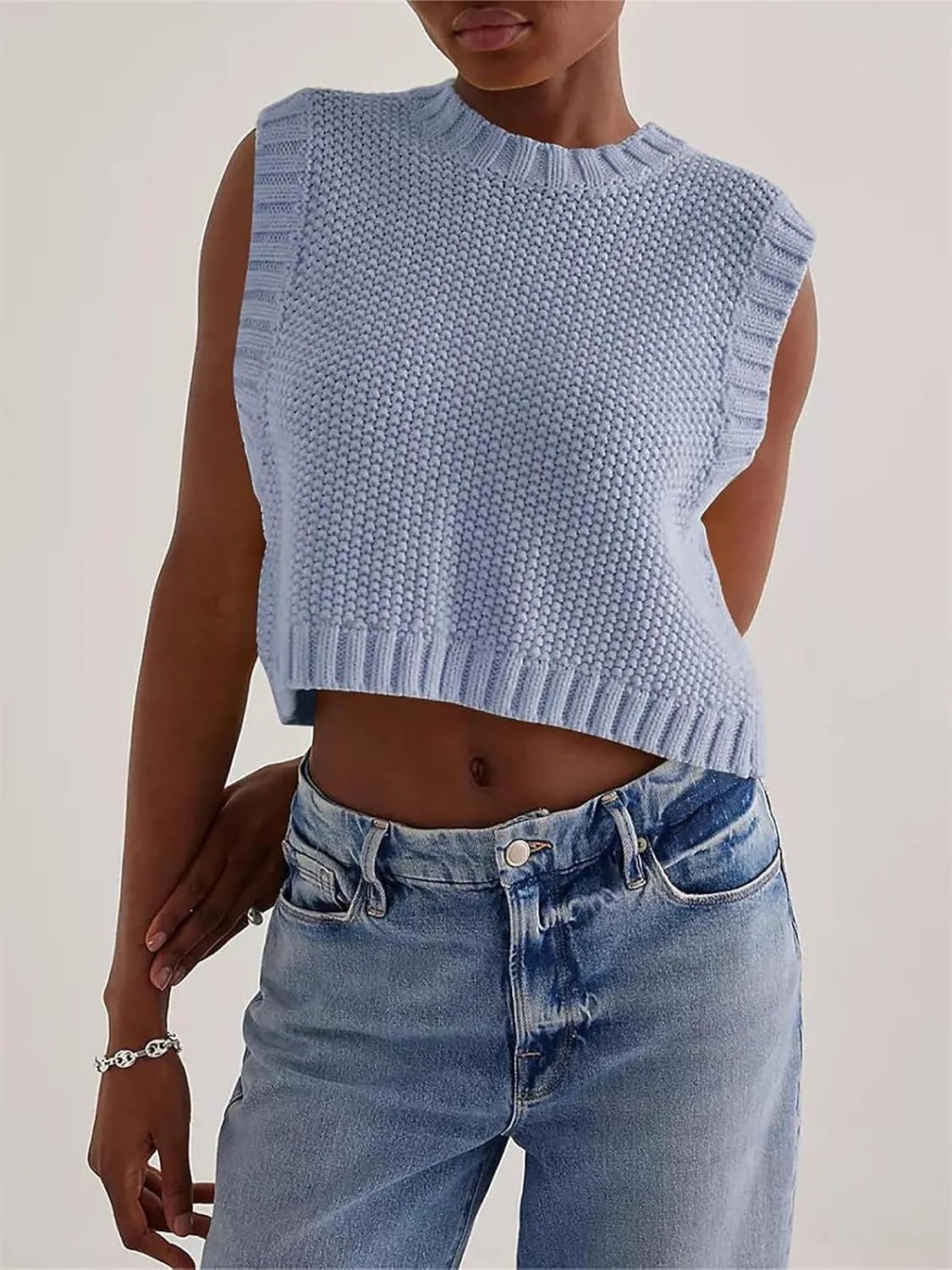 Women Y2K Backless Sweater Vest Tie Up Split Open Back Knit Vest Sleeveless Crewneck Pullover Summer Tank Crop Tops