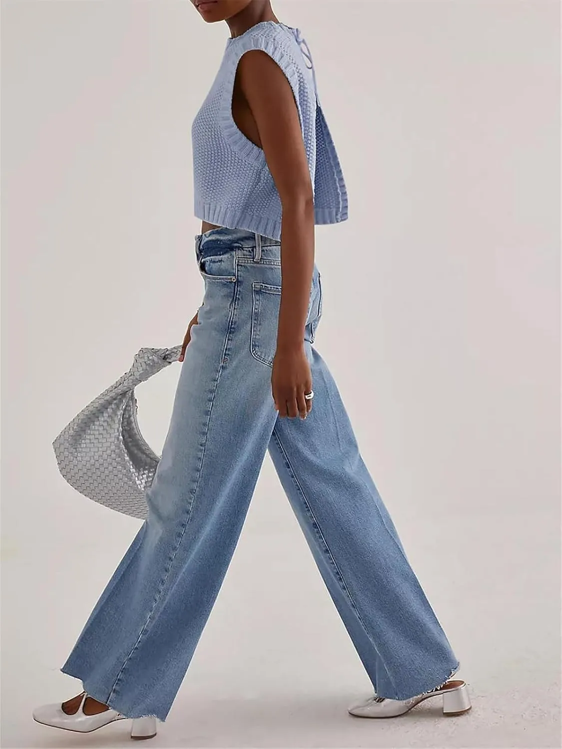 Women Y2K Backless Sweater Vest Tie Up Split Open Back Knit Vest Sleeveless Crewneck Pullover Summer Tank Crop Tops