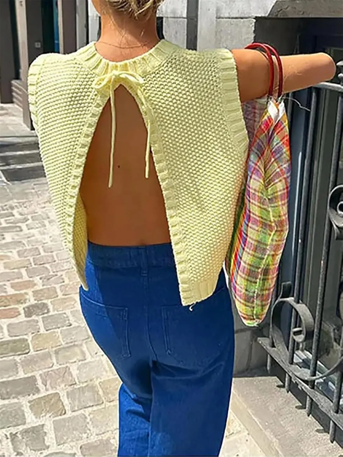 Women Y2K Backless Sweater Vest Tie Up Split Open Back Knit Vest Sleeveless Crewneck Pullover Summer Tank Crop Tops