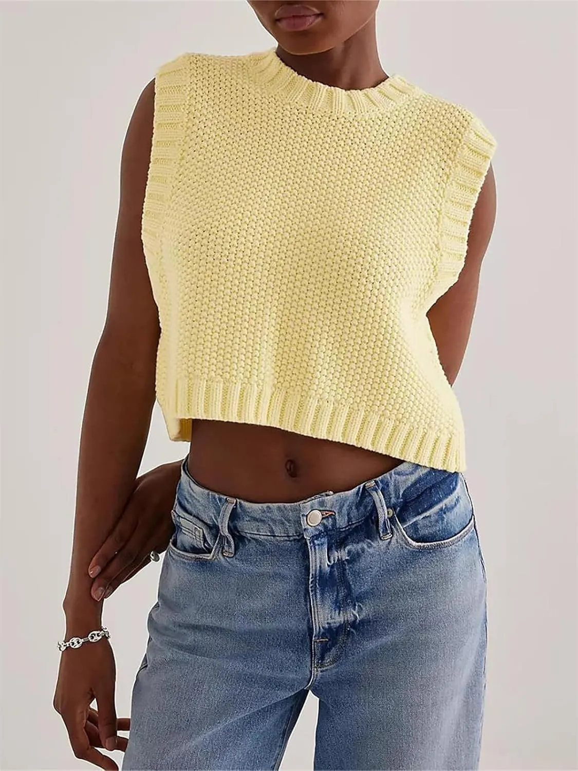 Women Y2K Backless Sweater Vest Tie Up Split Open Back Knit Vest Sleeveless Crewneck Pullover Summer Tank Crop Tops