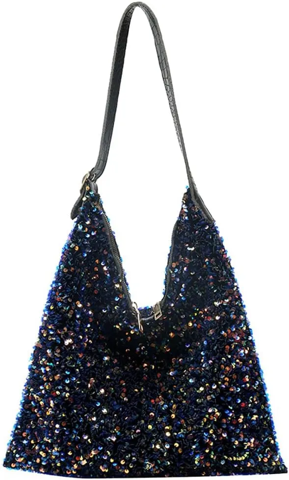 Women's Glitter Sequin Tote Bag, Lightweight Sparkle Shopping Pouch Purse, Large Capacity Hobo Shiny Underarm Shoulder Bag