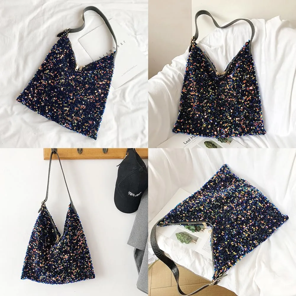 Women's Glitter Sequin Tote Bag, Lightweight Sparkle Shopping Pouch Purse, Large Capacity Hobo Shiny Underarm Shoulder Bag