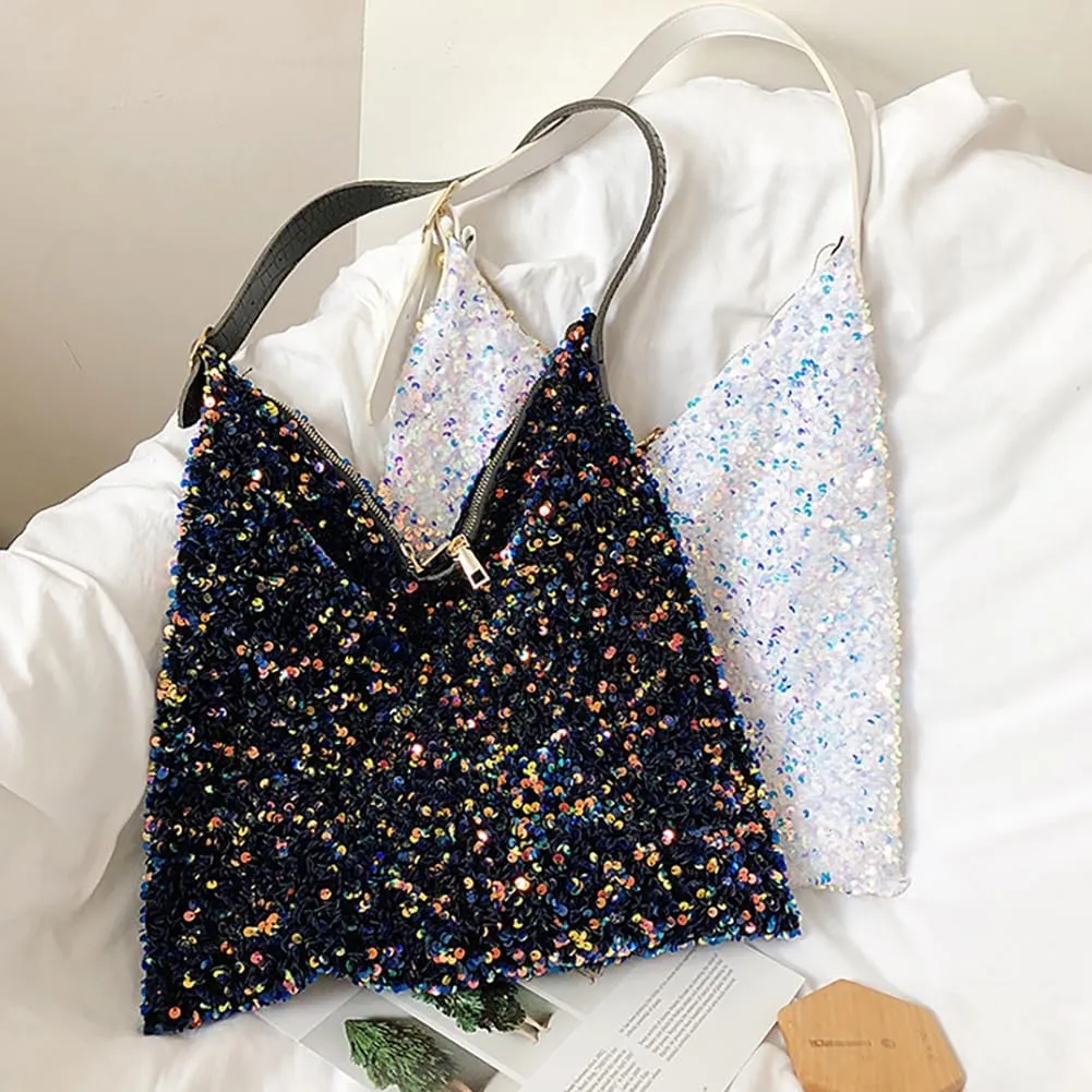 Women's Glitter Sequin Tote Bag, Lightweight Sparkle Shopping Pouch Purse, Large Capacity Hobo Shiny Underarm Shoulder Bag