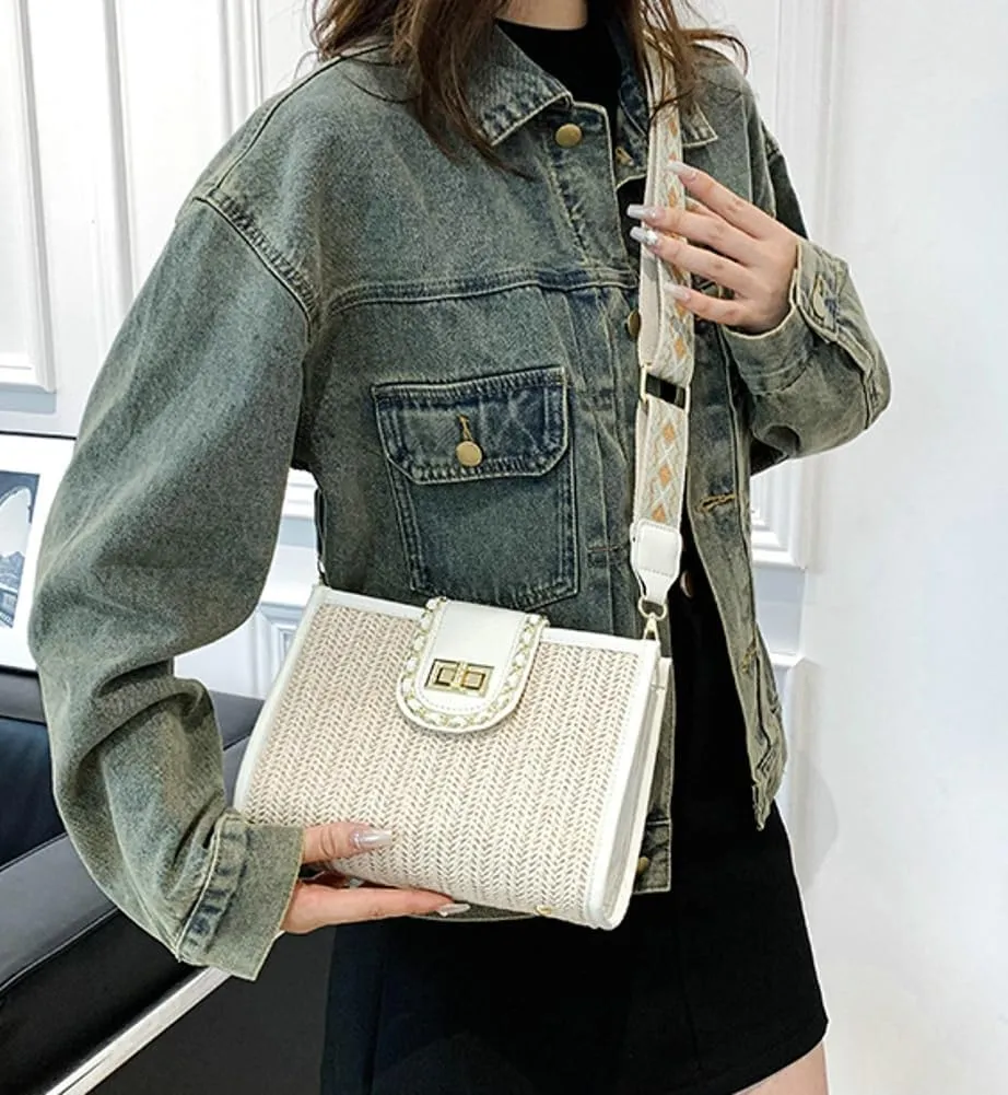Women's Straw Shoulder Bags Casual PU Leather Hobo Crossbody Bag Chic Woven Tote Handbag Purse