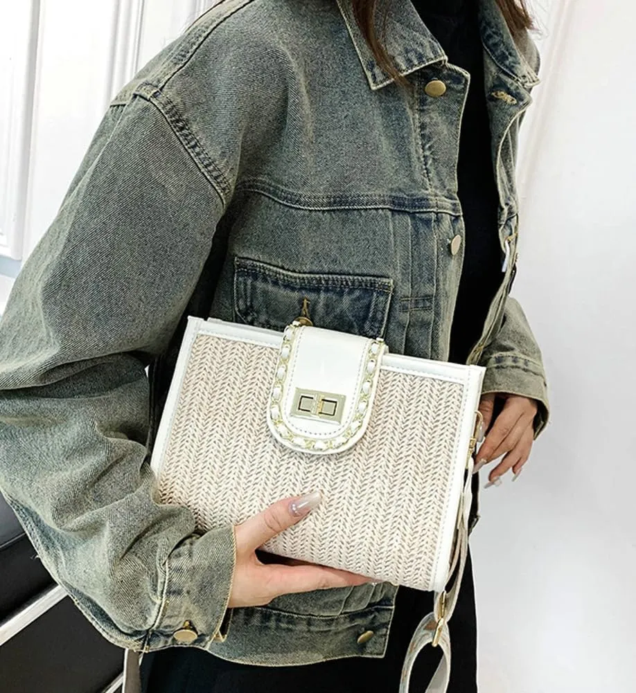 Women's Straw Shoulder Bags Casual PU Leather Hobo Crossbody Bag Chic Woven Tote Handbag Purse