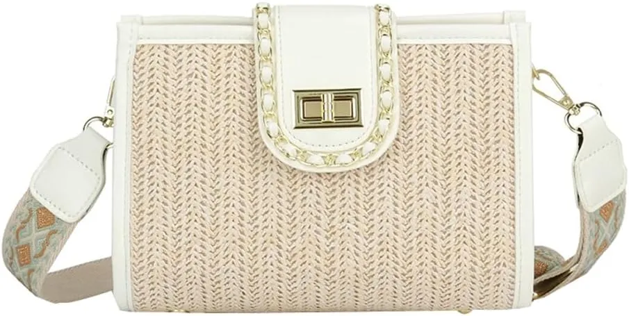 Women's Straw Shoulder Bags Casual PU Leather Hobo Crossbody Bag Chic Woven Tote Handbag Purse