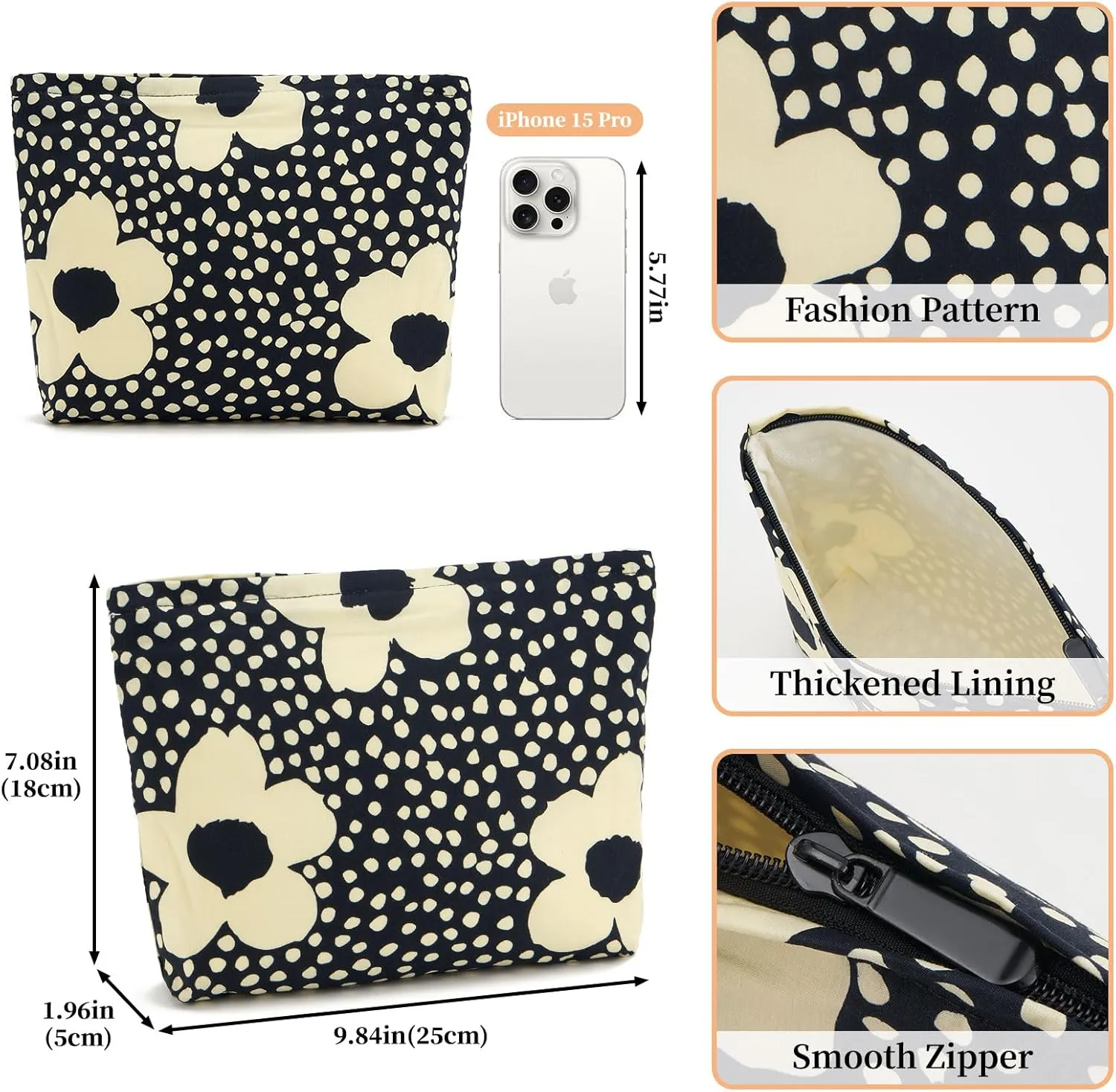 WOZEAH Floral Makeup Bag for Purse Small Cosmetic Pouch,Stylish Zipper Make up Pouch Travel Canvas Toiletry Bags(Black Big Flower)