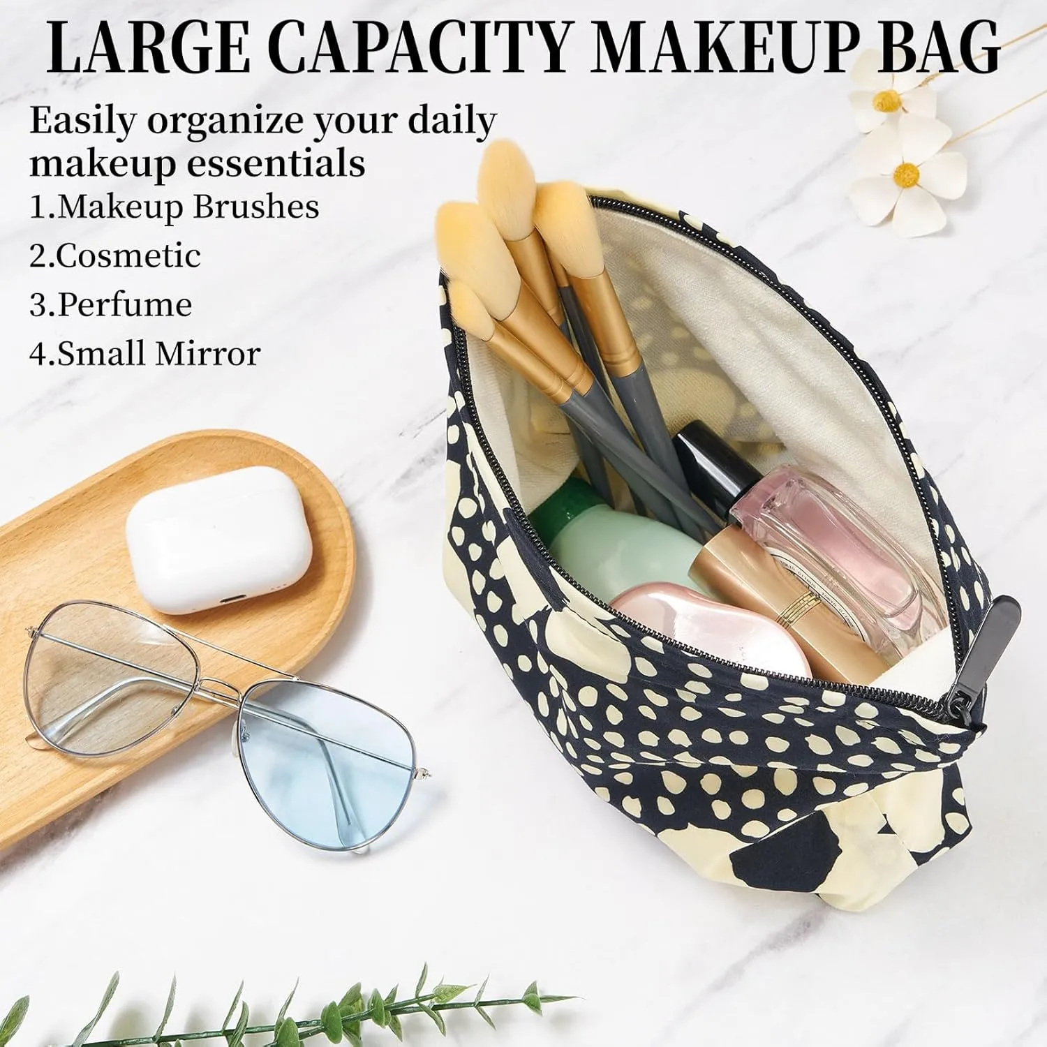 WOZEAH Floral Makeup Bag for Purse Small Cosmetic Pouch,Stylish Zipper Make up Pouch Travel Canvas Toiletry Bags(Black Big Flower)